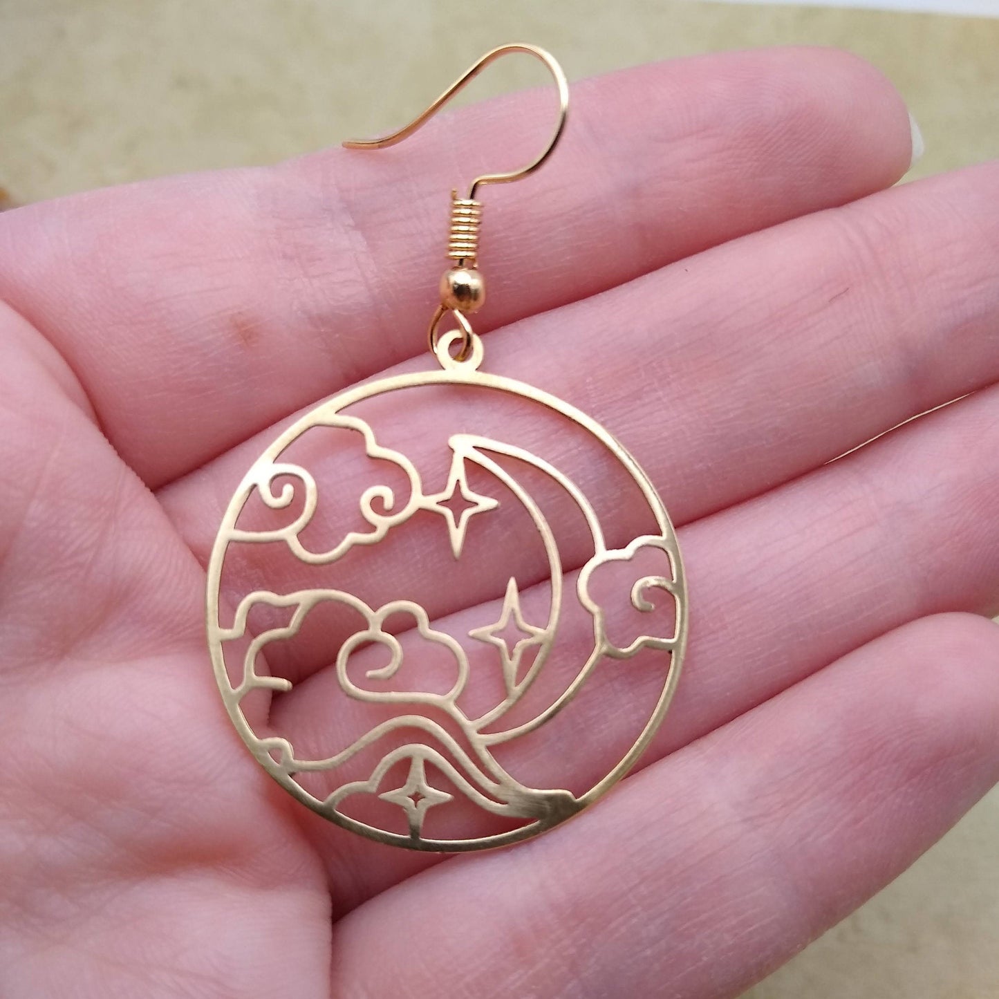 Brass Circle Clouds, Stars & Moon Earrings