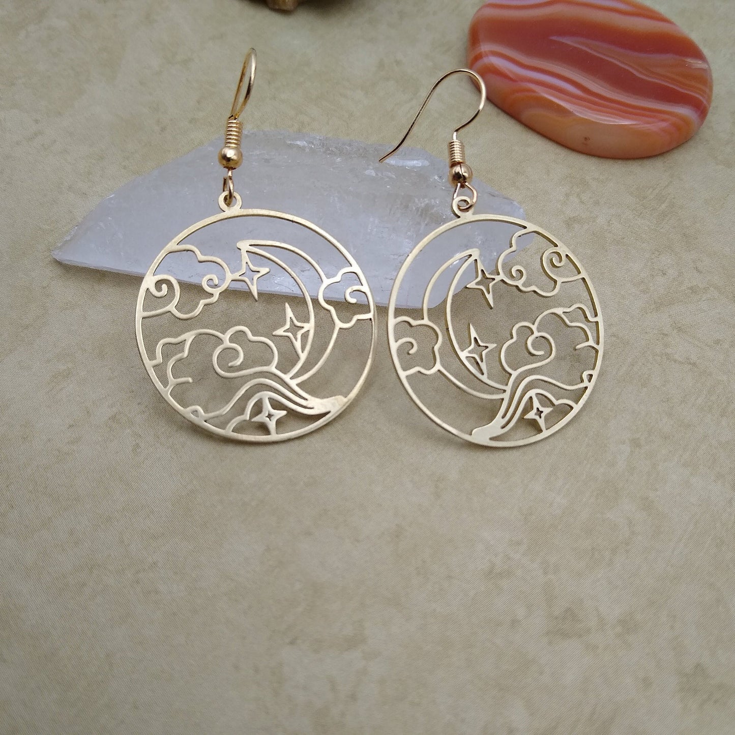 Brass Circle Clouds, Stars & Moon Earrings