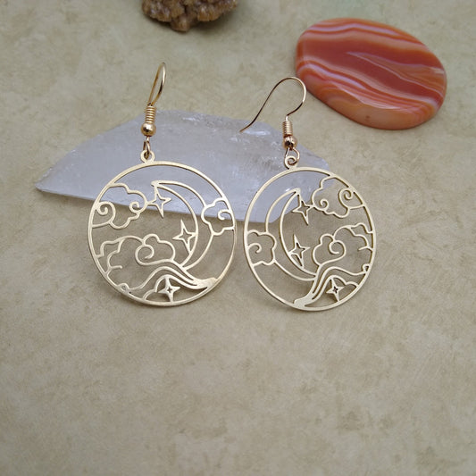 Brass Circle Clouds, Stars & Moon Earrings